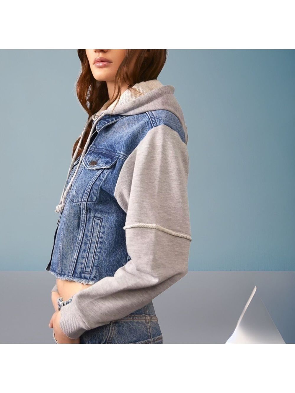 FREE PEOPLE Throwback Denim/Knit Hoodie Style Raw Hem Relaxed Crop Jacket-Md NWT - Picture 6 of 16